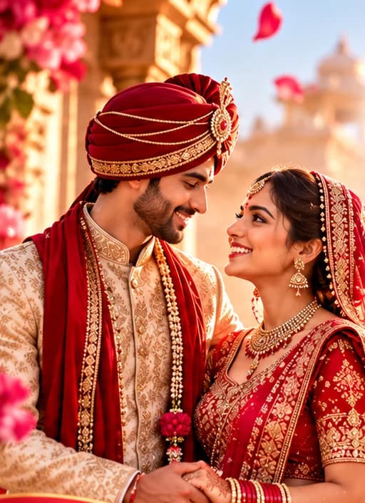 A bride and groom in traditional Indian wedding attire smiling at each other